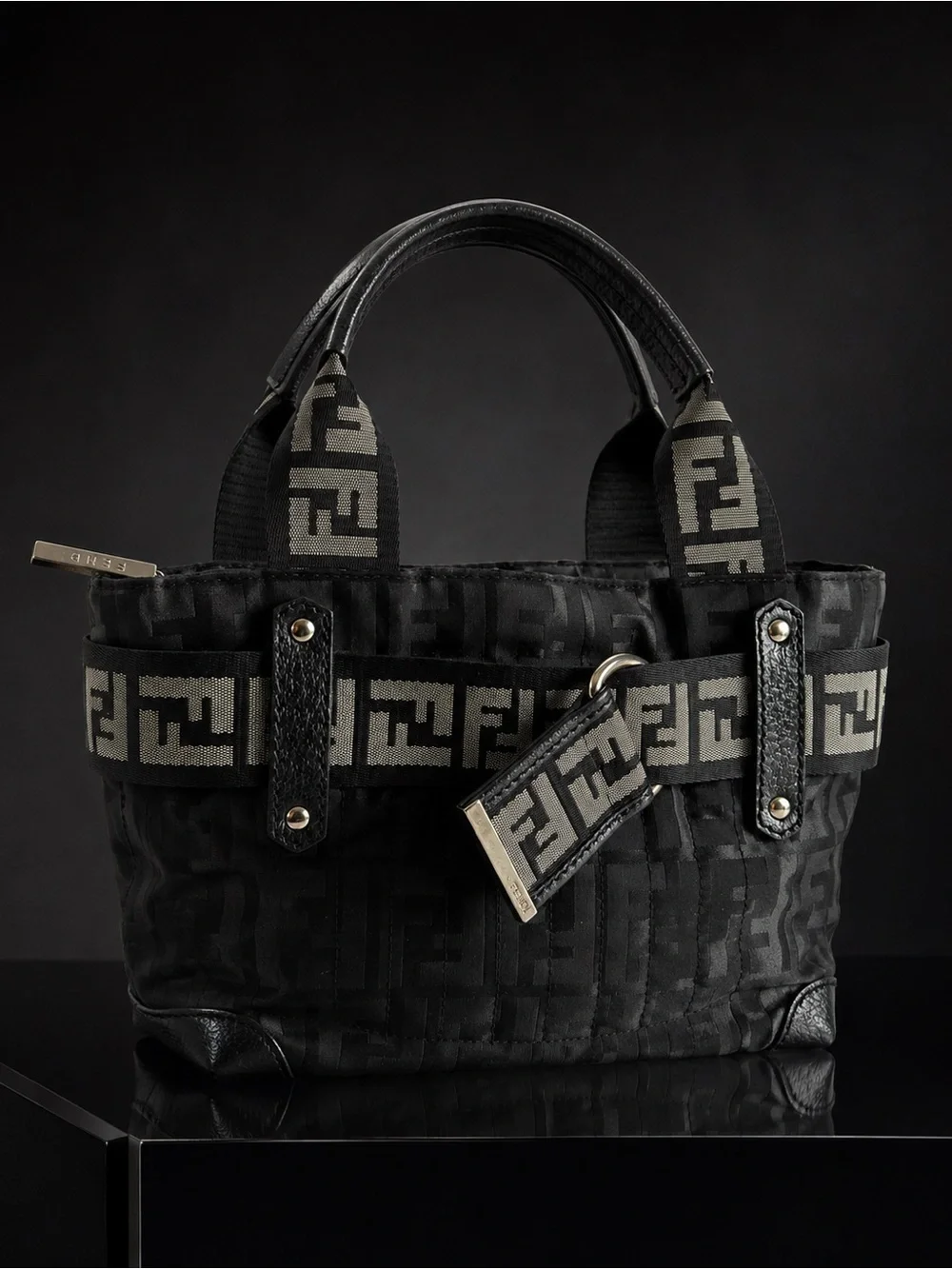 Fendi Vintage FF Zucca Black Nylon Belted Mini Tote Bag Y2K
